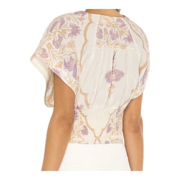 Free People Arielle Linen Blend Short Sleeve Ivory Purple Crop Top Bow Tie XS - Picture 3 of 16
